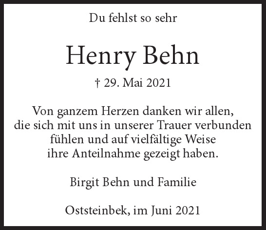 Traueranzeige von Henry Behn von Hamburger Tageszeitungen und Anzeigenblättern der FUNKE Mediengruppe