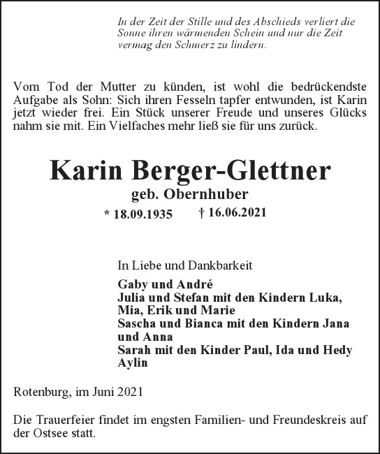 Traueranzeige von Karin Berger-Glettner von Hamburger Tageszeitungen und Anzeigenblättern der FUNKE Mediengruppe