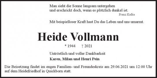 Traueranzeige von Heide Vollmann von Hamburger Tageszeitungen und Anzeigenblättern der FUNKE Mediengruppe