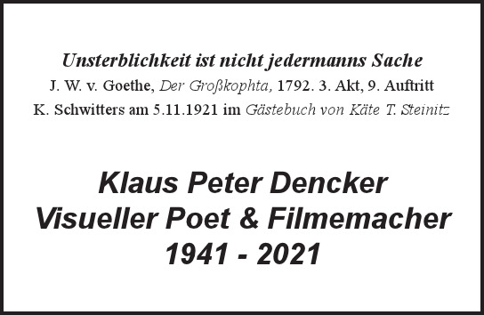 Traueranzeige von Klaus Peter Dencker von Hamburger Tageszeitungen und Anzeigenblättern der FUNKE Mediengruppe