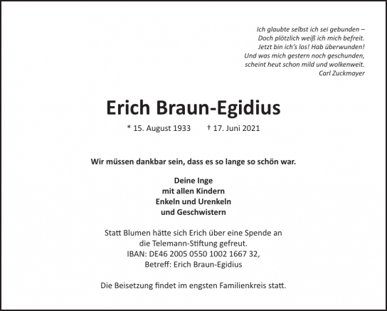 Traueranzeige von Erich Braun-Egidius  von Hamburger Tageszeitungen und Anzeigenblättern der FUNKE Mediengruppe