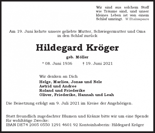 Traueranzeige von Hildegard Kröger  von Hamburger Tageszeitungen und Anzeigenblättern der FUNKE Mediengruppe