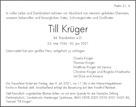 Traueranzeige von Till  Krüger  von Hamburger Tageszeitungen und Anzeigenblättern der FUNKE Mediengruppe