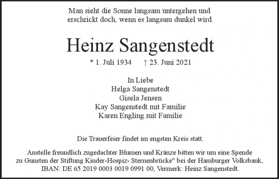 Traueranzeige von Heinz Sangenstedt  von Hamburger Tageszeitungen und Anzeigenblättern der FUNKE Mediengruppe