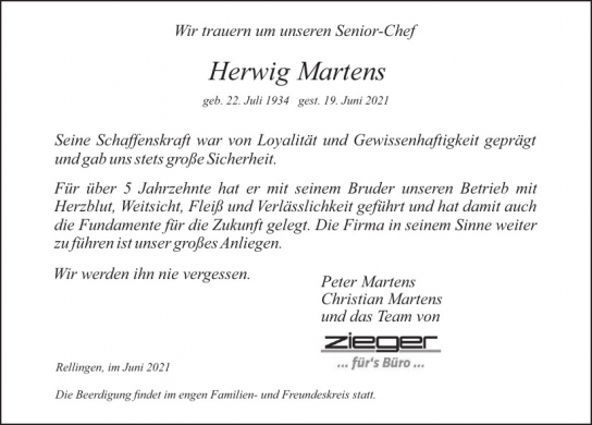 Traueranzeige von Herwig Martens  von Hamburger Tageszeitungen und Anzeigenblättern der FUNKE Mediengruppe