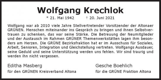 Traueranzeige von Wolfgang Krechlok  von Hamburger Tageszeitungen und Anzeigenblättern der FUNKE Mediengruppe