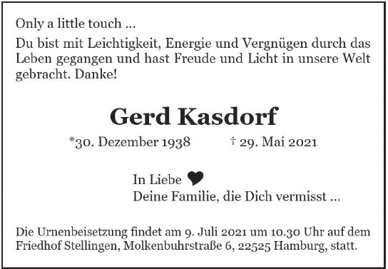 Traueranzeige von Gerd  Kasdorf  von Hamburger Tageszeitungen und Anzeigenblättern der FUNKE Mediengruppe
