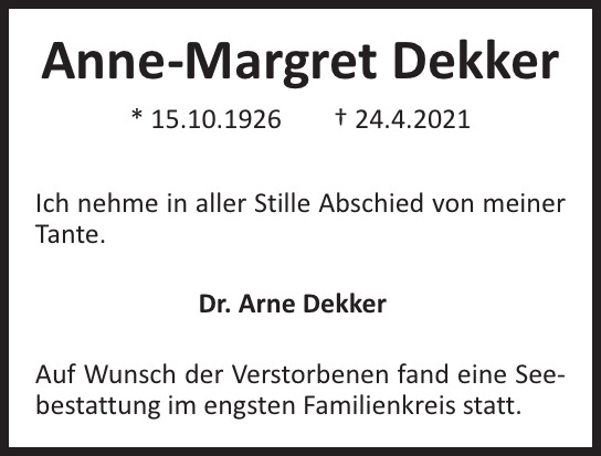 Traueranzeige von Anne-Margret Dekker  von Hamburger Tageszeitungen und Anzeigenblättern der FUNKE Mediengruppe