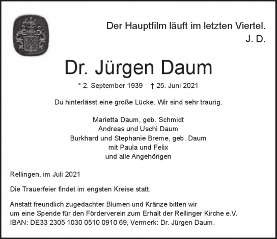 Traueranzeige von Jürgen Daum  von Hamburger Tageszeitungen und Anzeigenblättern der FUNKE Mediengruppe