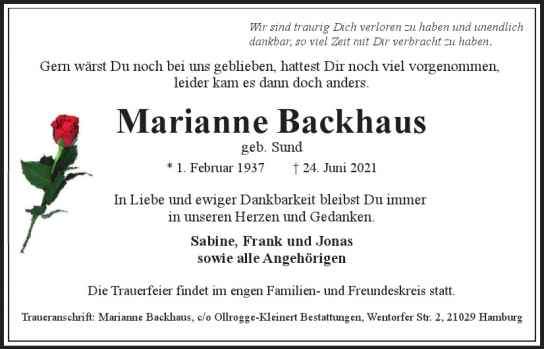 Traueranzeige von Marianne Backhaus  von Hamburger Tageszeitungen und Anzeigenblättern der FUNKE Mediengruppe