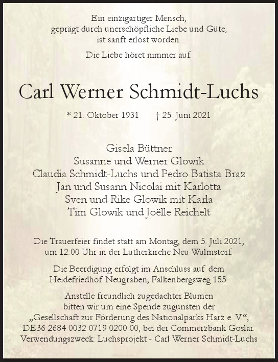 Traueranzeige von Carl Werner Schmidt-Luchs von Hamburger Tageszeitungen und Anzeigenblättern der FUNKE Mediengruppe