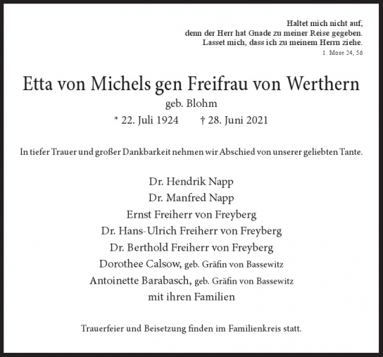 Traueranzeige von Etta von Michels gen Freifrau von Werthern  von Hamburger Tageszeitungen und Anzeigenblättern der FUNKE Mediengruppe