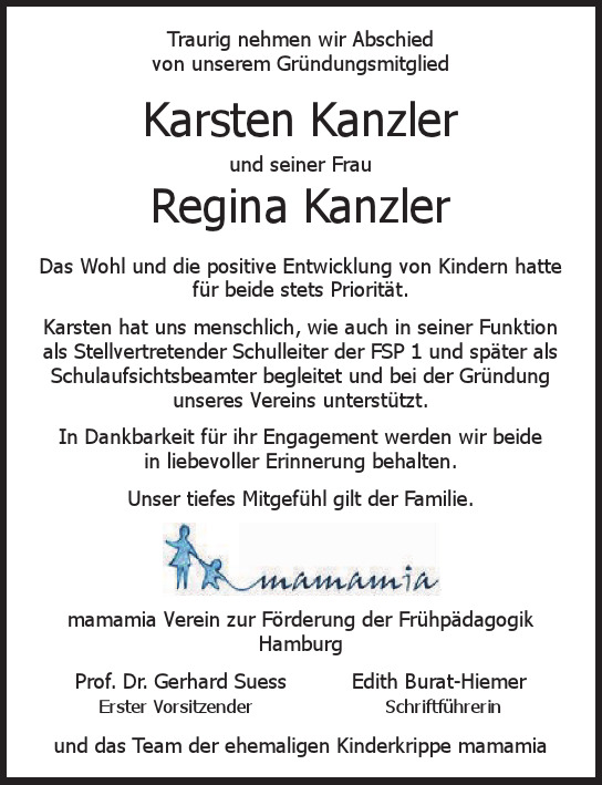 Traueranzeige von Regina und Karsten Kanzler  von Hamburger Tageszeitungen und Anzeigenblättern der FUNKE Mediengruppe