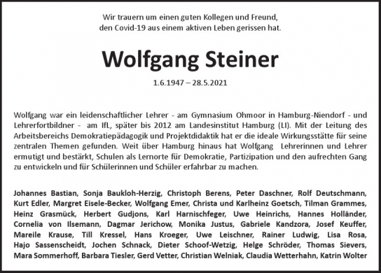 Traueranzeige von Wolfgang Steiner  von Hamburger Tageszeitungen und Anzeigenblättern der FUNKE Mediengruppe