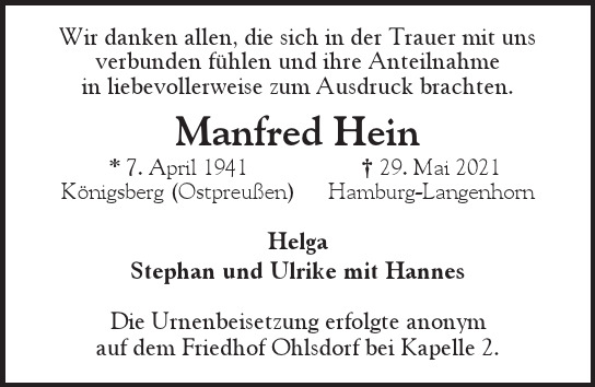 Traueranzeige von Manfred  Hein  von Hamburger Tageszeitungen und Anzeigenblättern der FUNKE Mediengruppe