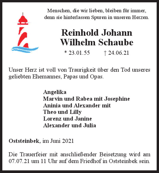 Traueranzeige von  	Reinhold Johann Wilhelm Schaube  von Hamburger Tageszeitungen und Anzeigenblättern der FUNKE Mediengruppe