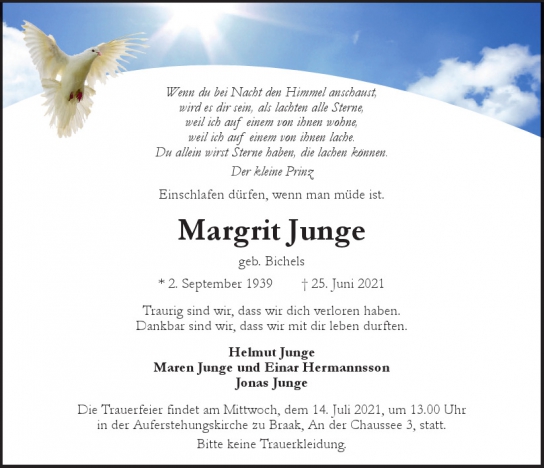 Traueranzeige von Margrit Junge  von Hamburger Tageszeitungen und Anzeigenblättern der FUNKE Mediengruppe