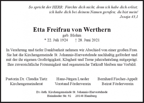 Traueranzeige von Etta  Freifrau von Werthern von Hamburger Tageszeitungen und Anzeigenblättern der FUNKE Mediengruppe