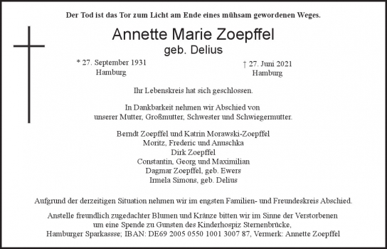 Traueranzeige von Annette Marie Zoepffel  von Hamburger Tageszeitungen und Anzeigenblättern der FUNKE Mediengruppe