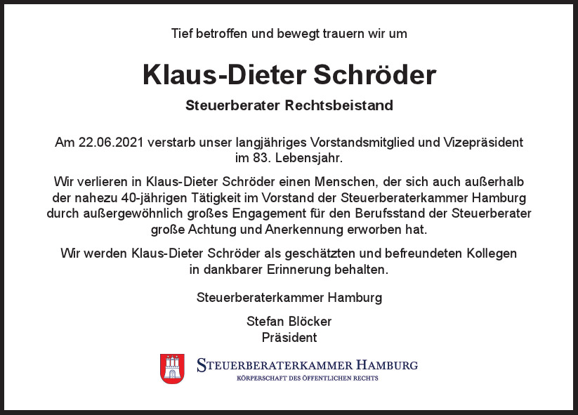  Traueranzeige für Klaus-Dieter  Schröder  vom 03.07.2021 aus Hamburger Tageszeitungen und Anzeigenblättern der FUNKE Mediengruppe