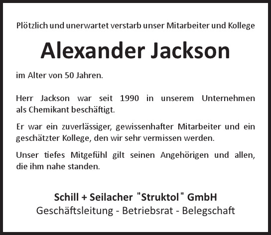 Traueranzeige von Alexander  Jackson  von Hamburger Tageszeitungen und Anzeigenblättern der FUNKE Mediengruppe