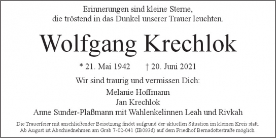 Traueranzeige von Wolfgang Krechlok  von Hamburger Tageszeitungen und Anzeigenblättern der FUNKE Mediengruppe