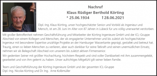 Traueranzeige von Klaus Rüdiger Berthold  Körting  von Hamburger Tageszeitungen und Anzeigenblättern der FUNKE Mediengruppe