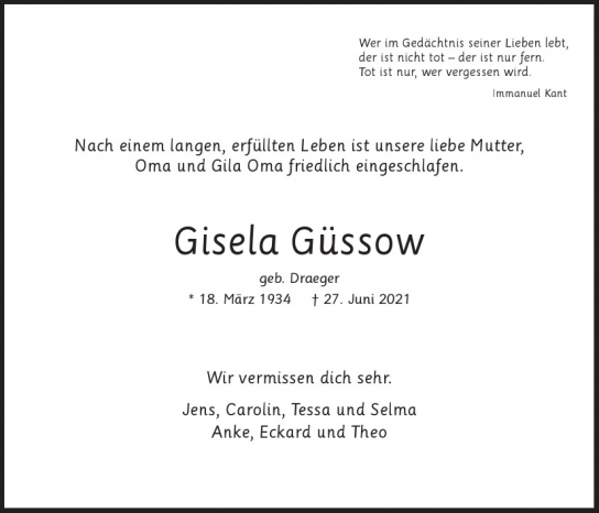 Traueranzeige von Gisela Güssow von Hamburger Tageszeitungen und Anzeigenblättern der FUNKE Mediengruppe