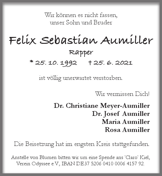  Traueranzeige für Felix Sebastian Aumiller vom 17.07.2021 aus Hamburger Tageszeitungen und Anzeigenblättern der FUNKE Mediengruppe