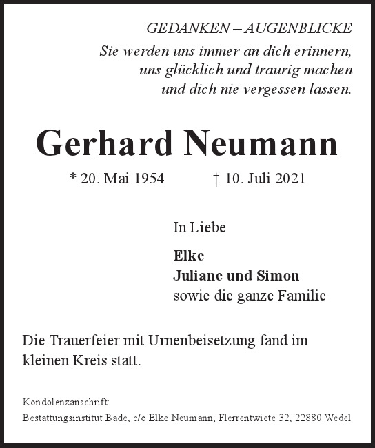 Traueranzeige von Gerhard Neumann von Hamburger Tageszeitungen und Anzeigenblättern der FUNKE Mediengruppe