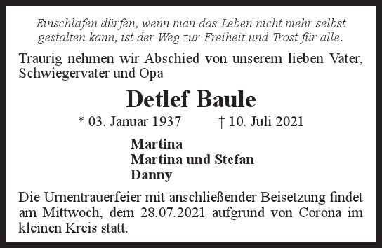 Traueranzeige von Detlef Baule von Hamburger Tageszeitungen und Anzeigenblättern der FUNKE Mediengruppe