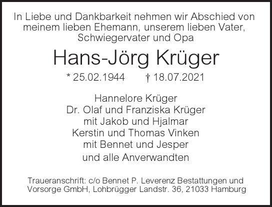 Traueranzeige von Hans-Jörg Krüger von Hamburger Tageszeitungen und Anzeigenblättern der FUNKE Mediengruppe