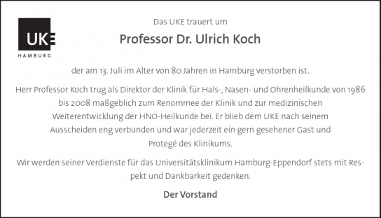 Traueranzeige von Ulrich Koch von Hamburger Tageszeitungen und Anzeigenblättern der FUNKE Mediengruppe