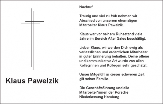 Traueranzeige von Klaus Pawelzik von Hamburger Tageszeitungen und Anzeigenblättern der FUNKE Mediengruppe