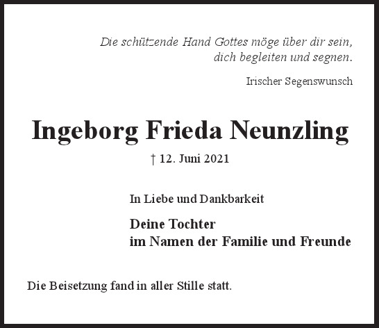 Traueranzeige von Ingeborg Frieda Neunzling von Hamburger Tageszeitungen und Anzeigenblättern der FUNKE Mediengruppe