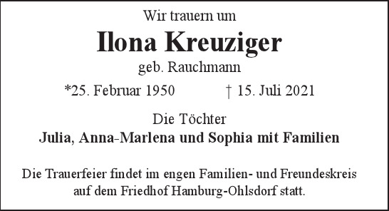 Traueranzeige von Ilona Kreuziger von Hamburger Tageszeitungen und Anzeigenblättern der FUNKE Mediengruppe