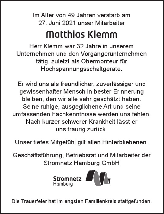 Traueranzeige von Matthias Klemm von Hamburger Tageszeitungen und Anzeigenblättern der FUNKE Mediengruppe