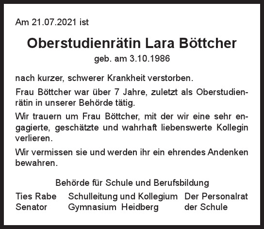 Traueranzeige von Lara Böttcher von Hamburger Tageszeitungen und Anzeigenblättern der FUNKE Mediengruppe