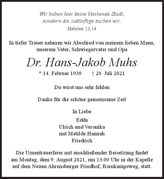 Traueranzeige von Hans-Jakob Muhs von Hamburger Tageszeitungen und Anzeigenblättern der FUNKE Mediengruppe