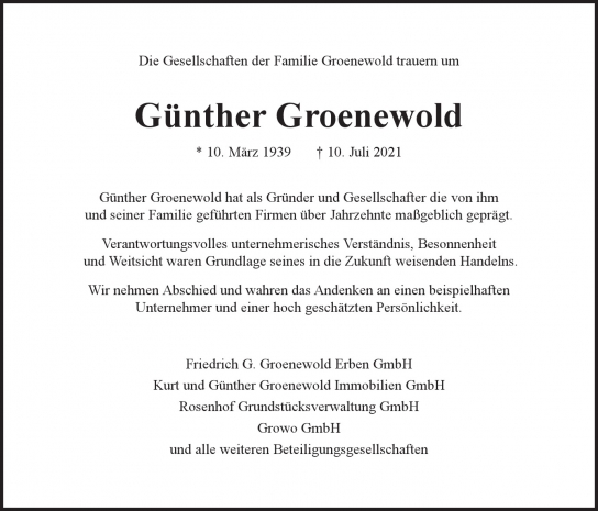 Traueranzeige von Günther Groenewold von Hamburger Tageszeitungen und Anzeigenblättern der FUNKE Mediengruppe