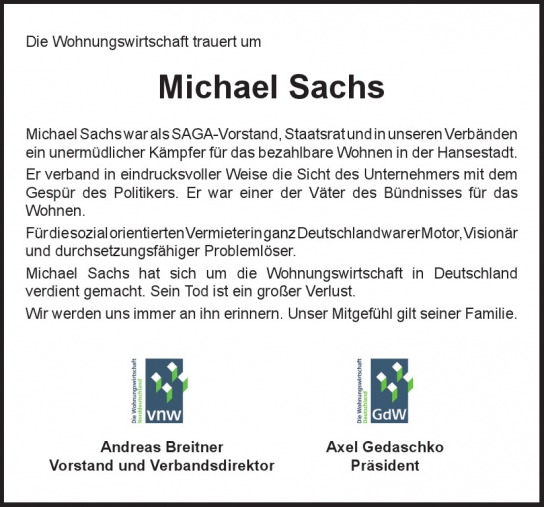 Traueranzeige von Michael Sachs von Hamburger Tageszeitungen und Anzeigenblättern der FUNKE Mediengruppe