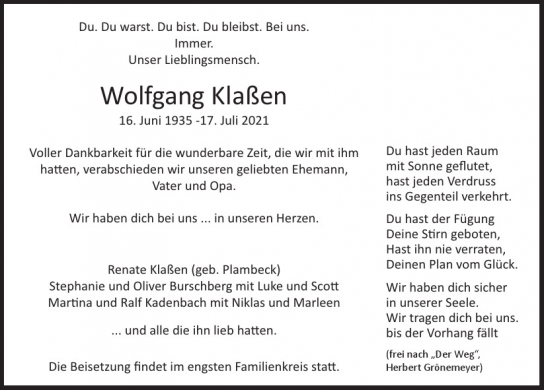 Traueranzeige von Wolfgang Klaßen von Hamburger Tageszeitungen und Anzeigenblättern der FUNKE Mediengruppe