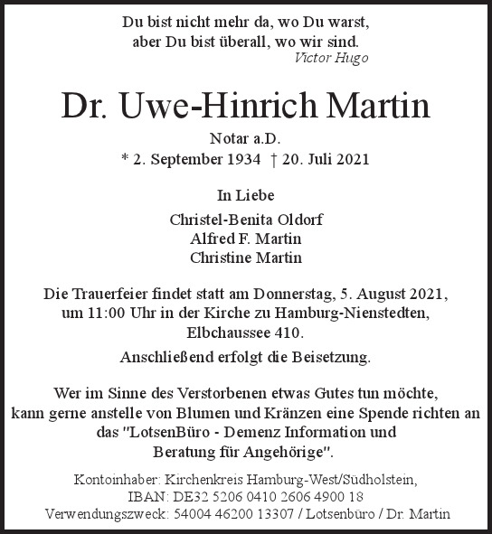 Traueranzeige von Uwe-Hinrich Martin von Hamburger Tageszeitungen und Anzeigenblättern der FUNKE Mediengruppe