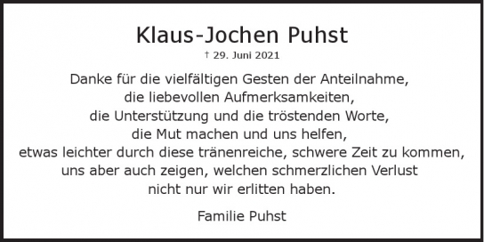 Traueranzeige von Klaus-Jochen Puhst von Hamburger Tageszeitungen und Anzeigenblättern der FUNKE Mediengruppe