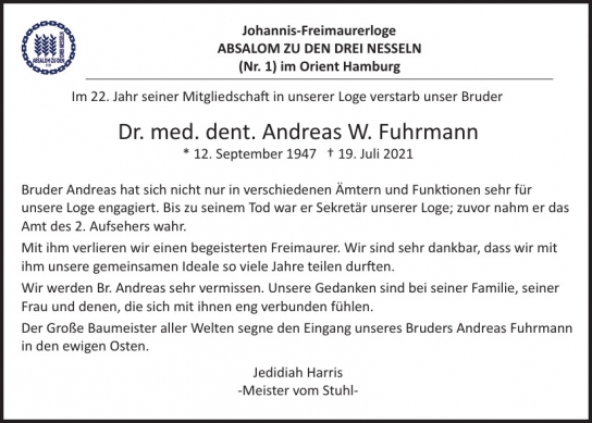 Traueranzeige von Andreas W. Fuhrmann von Hamburger Tageszeitungen und Anzeigenblättern der FUNKE Mediengruppe