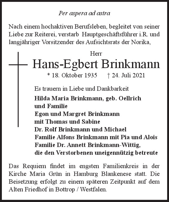 Traueranzeige von Hans-Egbert Brinkmann von Hamburger Tageszeitungen und Anzeigenblättern der FUNKE Mediengruppe