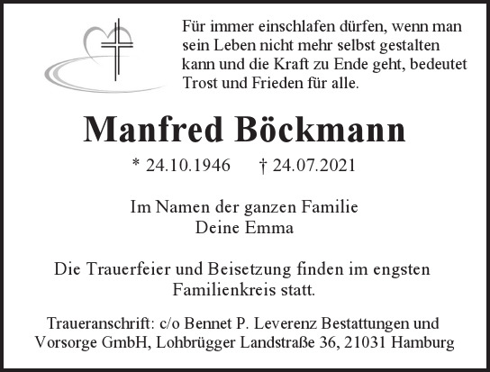 Traueranzeige von Manfred Böckmann von Hamburger Tageszeitungen und Anzeigenblättern der FUNKE Mediengruppe