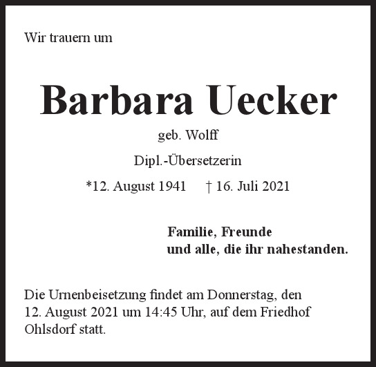 Traueranzeige von Barbara Uecker von Hamburger Tageszeitungen und Anzeigenblättern der FUNKE Mediengruppe