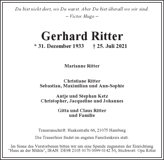 Traueranzeige von Gerhard Ritter von Hamburger Tageszeitungen und Anzeigenblättern der FUNKE Mediengruppe