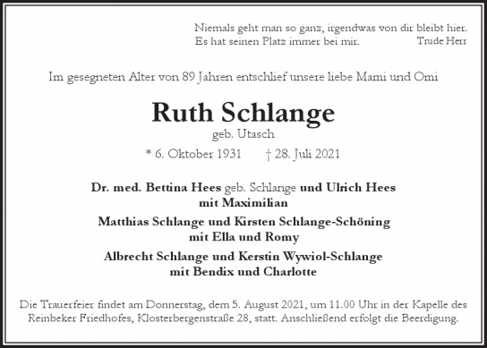 Traueranzeige von Ruth Schlange von Hamburger Tageszeitungen und Anzeigenblättern der FUNKE Mediengruppe